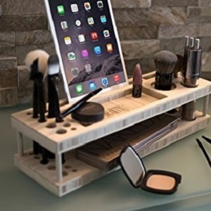 Makeup Organizer with Mirror - Makeup organizer is your beauty station to keep your makeup material. It has a space to dock iPad, iPhones & other smartphones. This is makeup women gift idea.