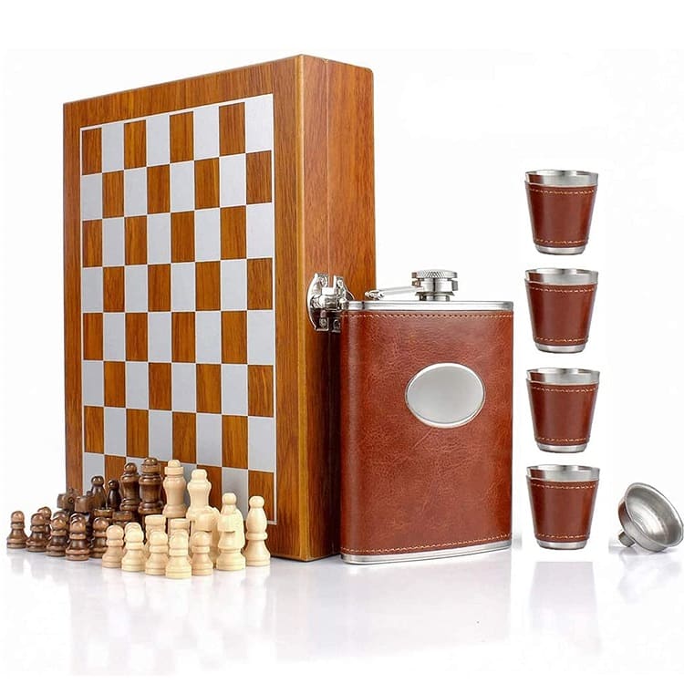 Wooden Chess Leather Hip Flask Set