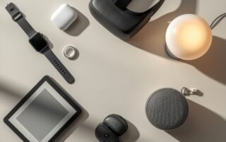 Smart gift ideas featuring popular tech gadgets including smartwatch, earbuds, VR headset, smart ring, speaker, e-reader, smart lamp, and smart home device